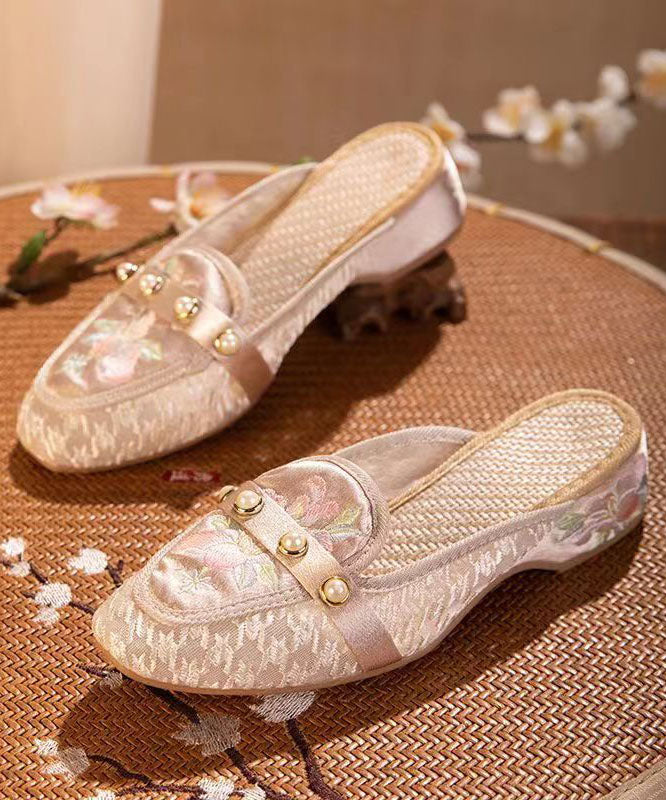 Tulle Embroideried Nail Bead Splicing Pink Elegant Slide Sandals