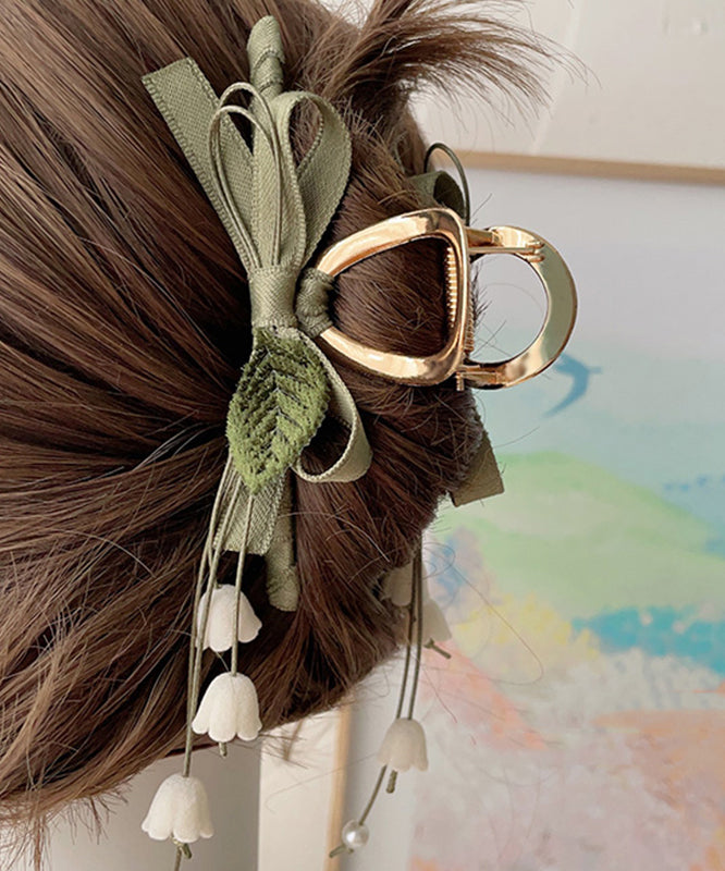 Unique Army Green Alloy Bow Lily Of The Valley Tassel Hairpin