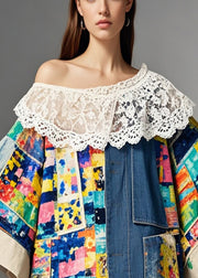 Unique Asymmetrical Lace Patchwork Print Denim Coats Fall