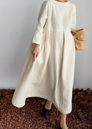 Unique Beige O Neck Wrinkled Patchwork Long Cotton Dresses Spring