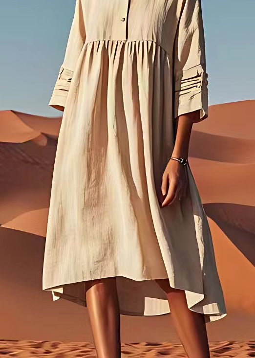 Unique Beige O Neck Wrinkled Plus Size Linen Dress Summer