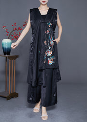 Unique Black Asymmetrical Design Embroideried Silk Two Pieces Set Summer