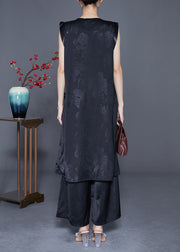 Unique Black Asymmetrical Design Embroideried Silk Two Pieces Set Summer