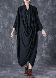 Unique Black Asymmetrical Wrinkled Cotton Gown Dress Fall