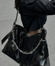 Unique Black Chain Linked Patchwork Faux Leather Messenger Bag