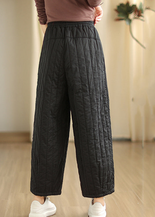 Unique Black Cinched Pockets Elastic Waist Fine Cotton Filled Pants Winter