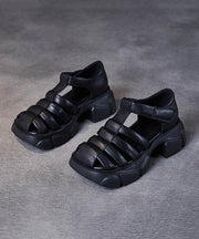 Unique Black Cowhide Leather Cross Strap Sandals