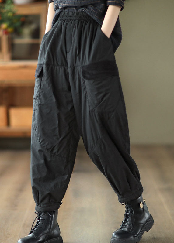 Unique Black Elastic Waist Pockets Fine Cotton Filled Pants Winter