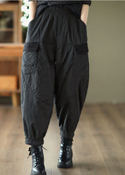 Unique Black Elastic Waist Pockets Fine Cotton Filled Pants Winter