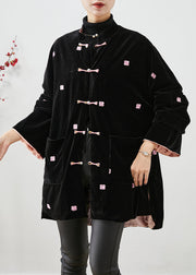 Unique Black Embroidered Chinese Button Silk Velour Coats Winter