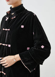 Unique Black Embroidered Chinese Button Silk Velour Coats Winter