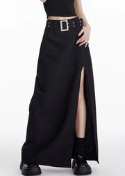 Unique Black Front Open High Waist Patchwork Spandex Maxi Skirts Summer