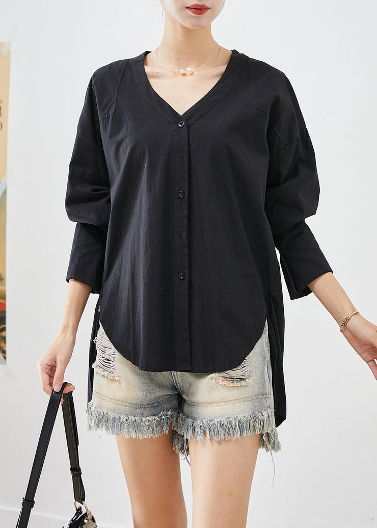 Unique Black Heart Neck Low High Design Cotton Shirt Top Fall