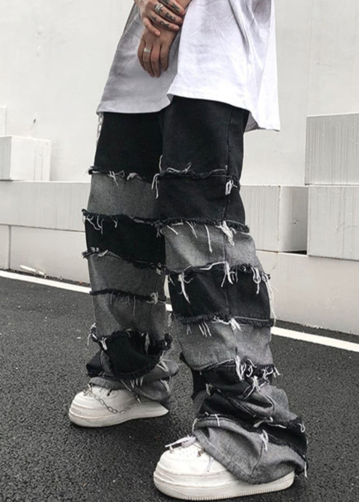 Unique Black High Waist Patchwork Denim Mens Pants Summer