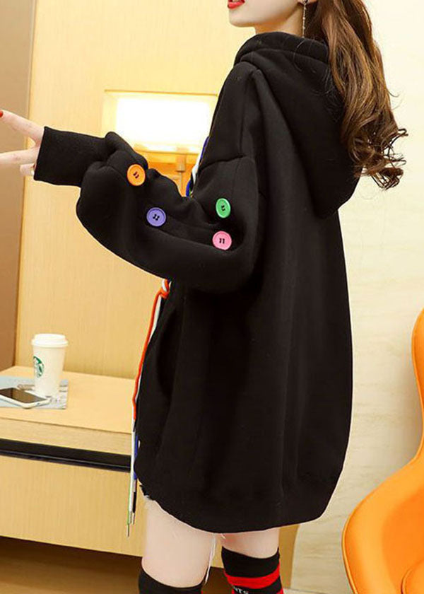 Unique Black Hooded Drawstring Woven Multi Button Warm Fleece Sweatshirts Top Winter