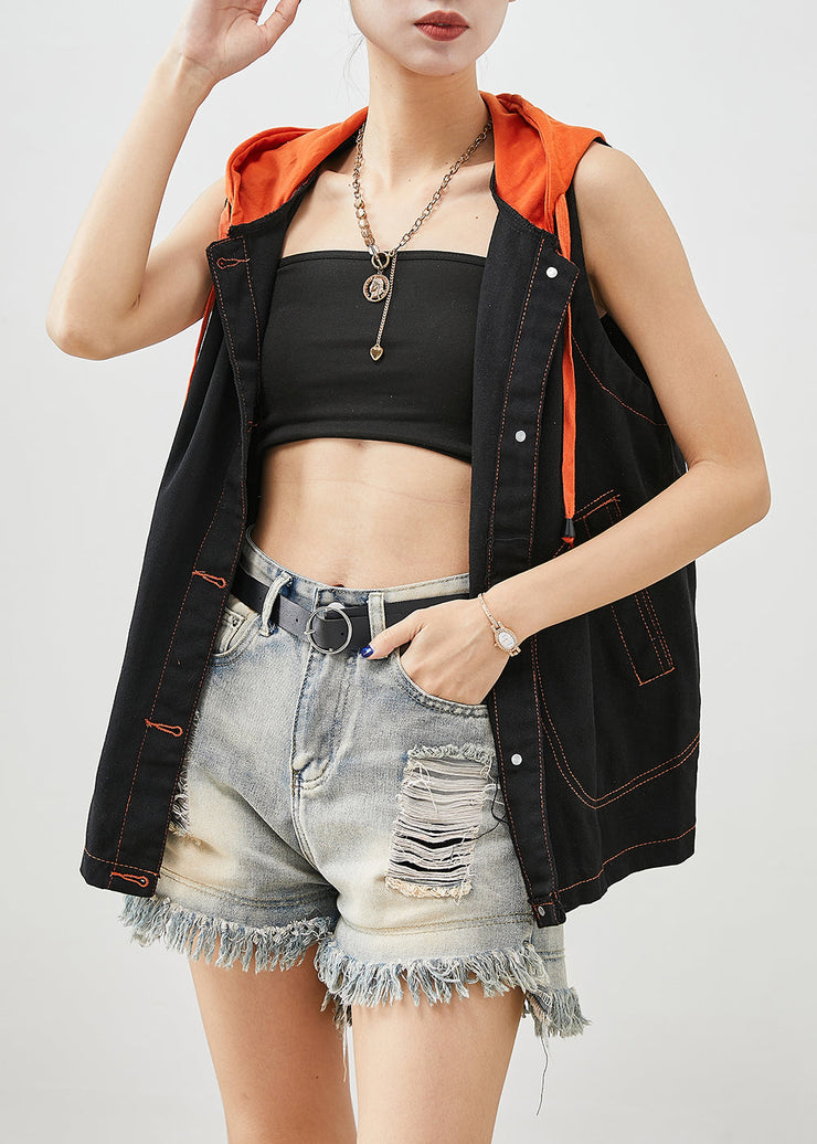 Unique Black Hooded Patchwork Denim Vests Fall