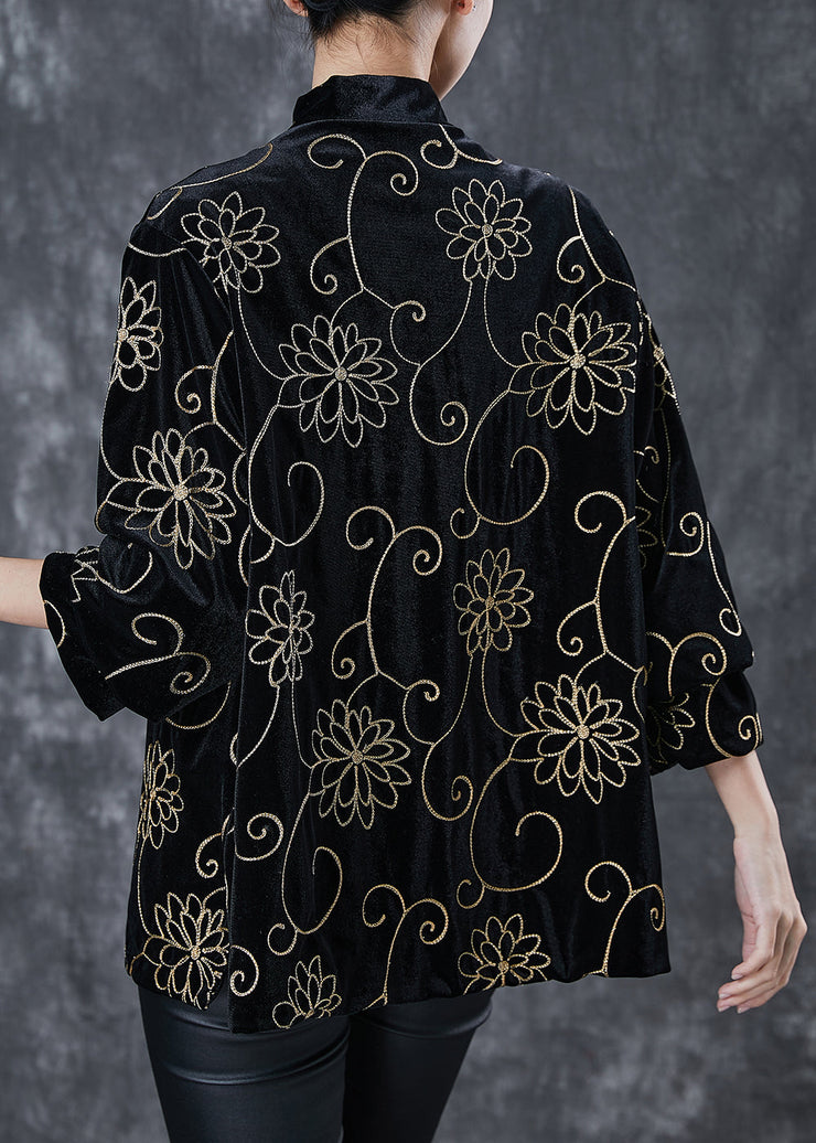 Unique Black Jacquard Chinese Button Silk Velour Coat Spring