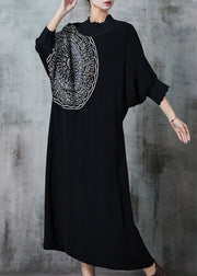 Unique Black Oversized Cotton Maxi Dresses Batwing Sleeve