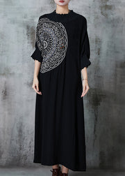 Unique Black Oversized Cotton Maxi Dresses Batwing Sleeve