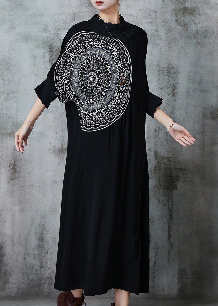 Unique Black Oversized Cotton Maxi Dresses Batwing Sleeve