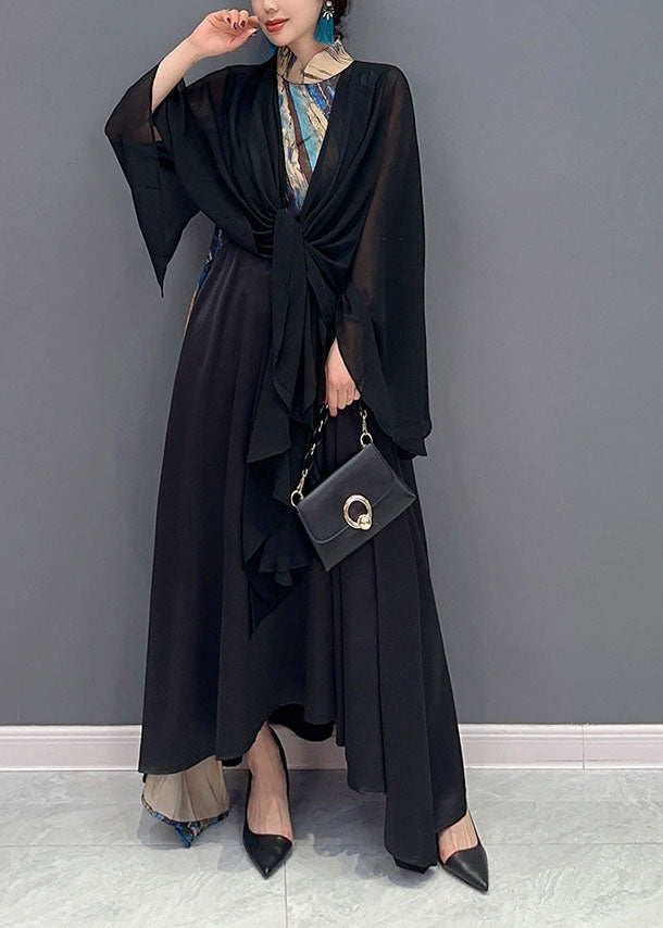 Unique Black Oversized Patchwork Exra Large Hem Chiffon Long Dress Spring