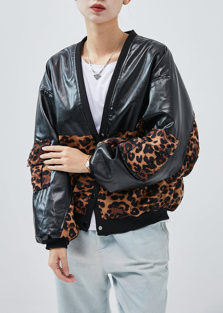 Unique Black Oversized Patchwork Leopard Faux Leather Coats Spring