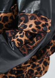 Unique Black Oversized Patchwork Leopard Faux Leather Coats Spring