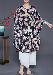 Unique Black Oversized Print Ice Silk Dresses Batwing Sleeve