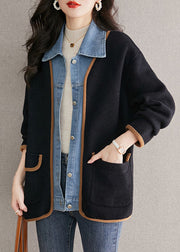 Unique Black Peter Pan Collar Denim Patchwork Woolen Fake Two Piece Coat Fall