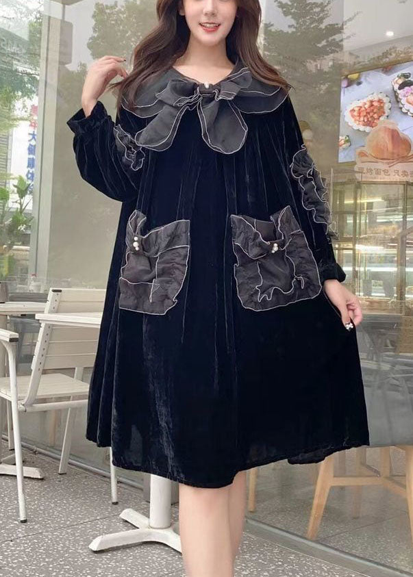 Unique Black Peter Pan Collar Organza Patchwork Silk Velour A Line Dresses Spring