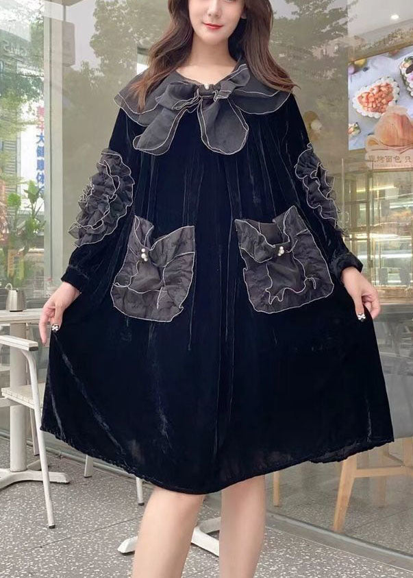 Unique Black Peter Pan Collar Organza Patchwork Silk Velour A Line Dresses Spring