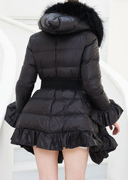 Unique Black Raccoon Hair Collar Ruffled Duck Down Down Coat Winter