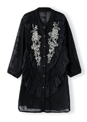 Unique Black Ruffled Nail Bead Patchwork Chiffon Shirts Spring