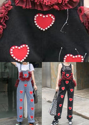 Unique Black Ruffled Nail Bead Patchwork Spaghetti Strap Denim Jumpsuits Summer