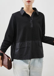 Unique Black Ruffled Patchwork Cotton Blouses Spring