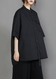 Unique Black Stand Collar Oversized Cotton Blouse Top Half Sleeve