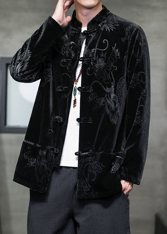 Unique Black Stand Collar Print Button Silk Velour Mens Coat Long Sleeve