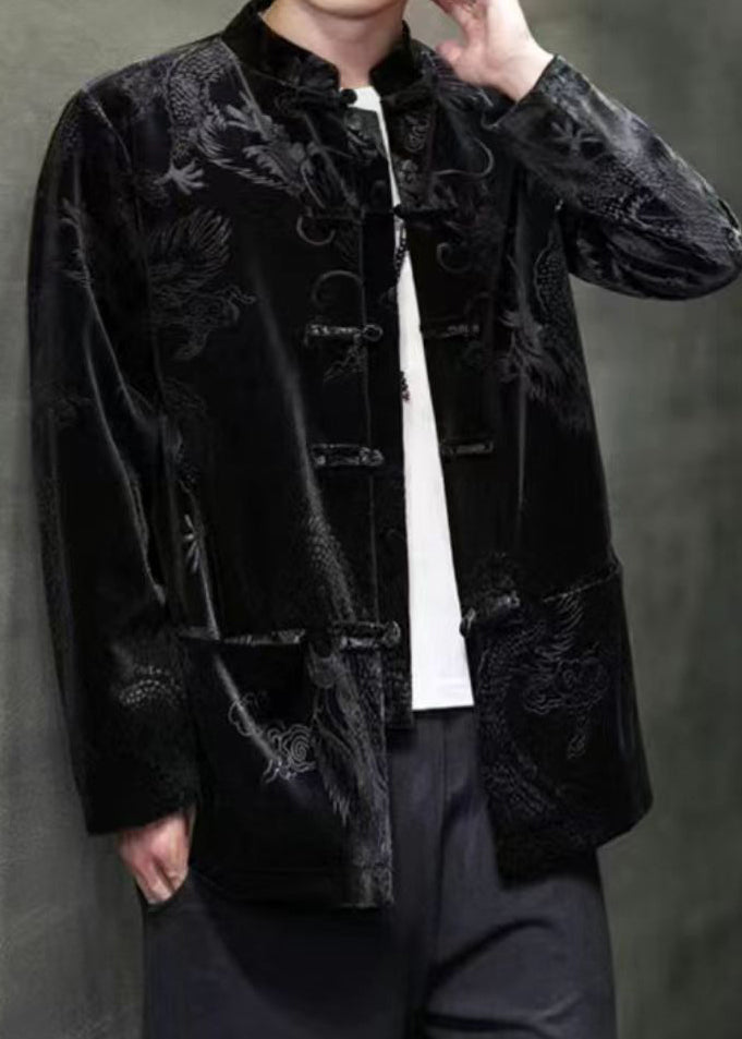 Unique Black Stand Collar Print Button Silk Velour Mens Coat Long Sleeve