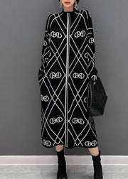 Unique Black Stand Collar White Striped Patchwork Knit Long Dress Fall