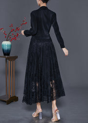 Unique Black Tie Waist Lace Patchwork Silk Velour Maxi Dresses Fall