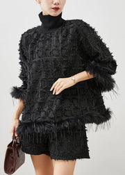 Unique Black Turtle Neck Patchwork Mink Hair Cotton Two Pieces Set Spring