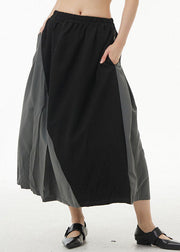 Unique Black Wrinkled Pockets Patchwork Cotton Skirts Summer