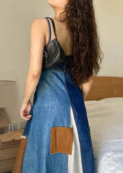 Unique Blue Asymmetrical Patchwork Denim Spaghetti Strap Dress Summer