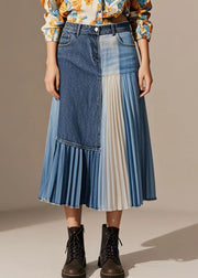 Unique Blue Asymmetrical Patchwork Wrinkled Denim Skirts Fall