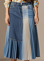 Unique Blue Asymmetrical Patchwork Wrinkled Denim Skirts Fall