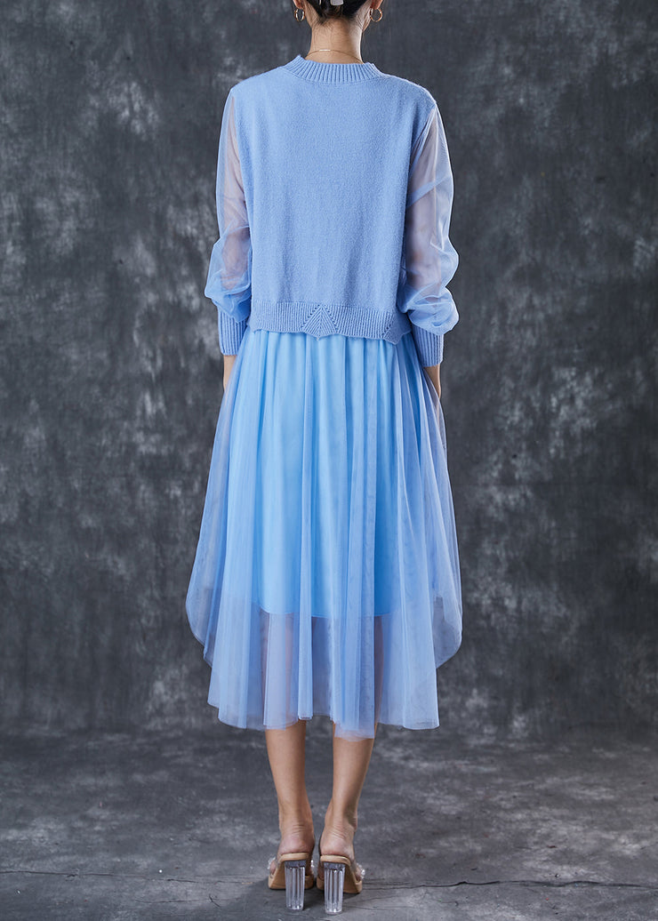 Unique Blue Exra Large Hem Patchwork Knit Dress Spring