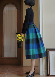 Unique Blue High Waist Plaid Wool Pleated Skirt Spring