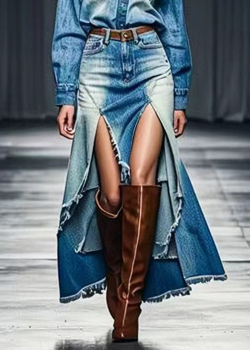 Unique Blue Low High Design High Waist Denim Skirt Summer