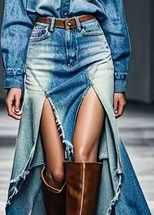 Unique Blue Low High Design High Waist Denim Skirt Summer