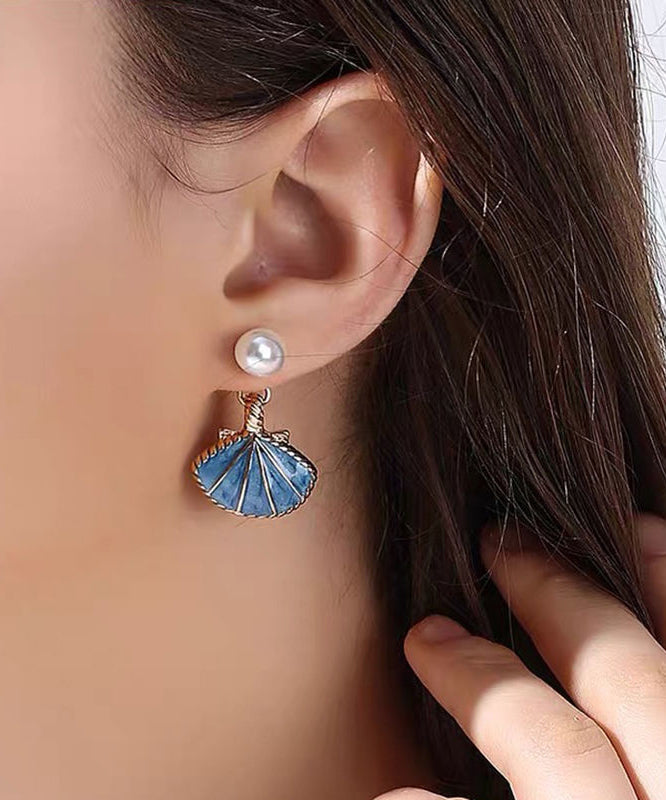 Unique Blue Metal Overgild Pearl Shell Drop Earrings